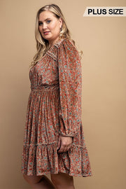 Printed Velvet V-neck Dress With Button Front Detail (Plus Size)