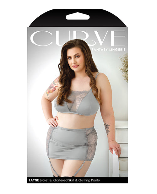Curve Layne Lace & Microfiber Bralette With Garter Skirt & G-String Gray (Plus Size) - Spicy and Sexy