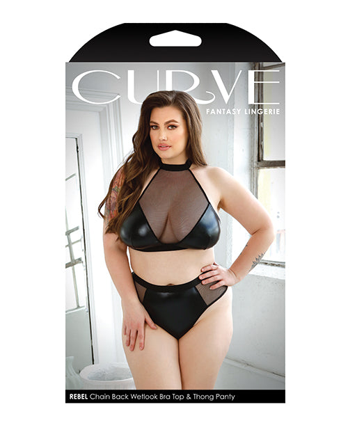 Curve Rebel Wetlook Halter Top With Removable Chain & Panty Black (Plus Size) - Spicy and Sexy