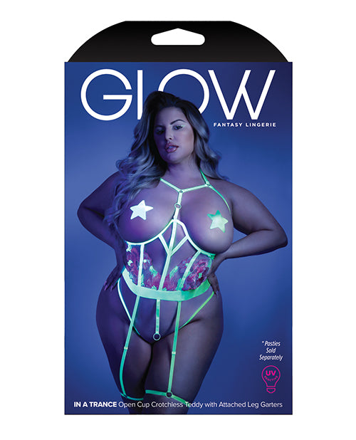 Glow Black Light Embroidered Cupless Garter Teddy Neon Chartreuse (Plus Size) - Spicy and Sexy