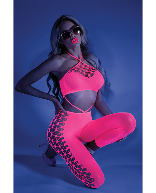 Glow Black Light Cropped Cutout Halter Bodystocking Neon Pink O/s - Spicy and Sexy