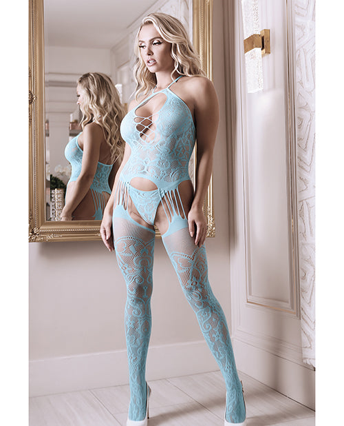 Sheer Fantasy Halter Neck Floral Lace Gartered Bodystocking & Panty Light Blue - Spicy and Sexy
