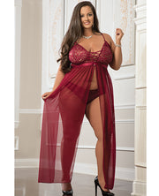 Empire Waist Laced Sheer Long Dress & Panty Mulled Wine (Plus Size) - Spicy and Sexy