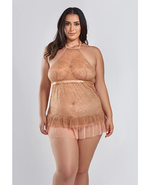 Amber Halter Lace Babydoll With Tiered Pleated Mesh Skirt Hem & G-String Brown - Spicy and Sexy