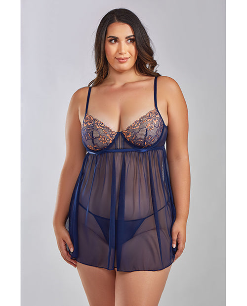 Jennie Cross Dyed Galloon Lace & Mesh Babydoll Navy - Spicy and Sexy