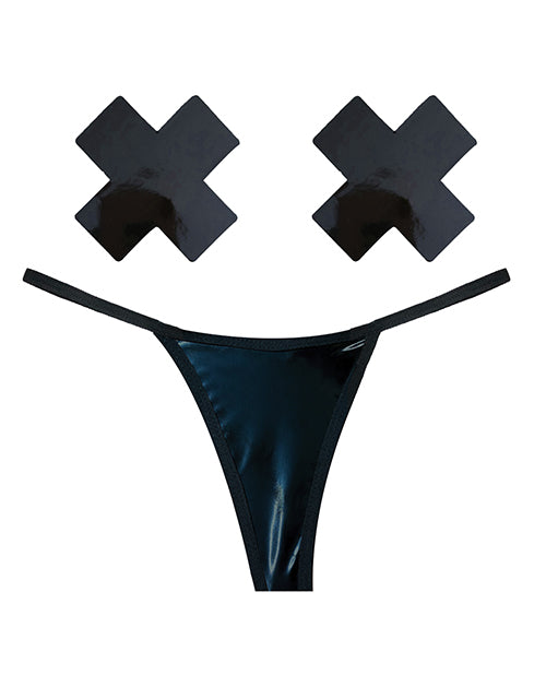 Neva Nude Naughty Knix Dom Squad Wet Vinyl G-string & Pasties - Black O-s - Spicy and Sexy