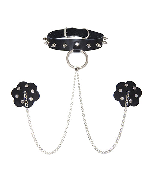Burlesque Slave 4 U Chain Neck Choker Leather Reusable Silicone Nipztix - Spicy and Sexy