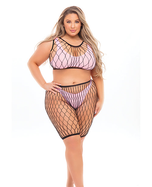 Pink Lipstick Brace For Impact Large Fishnet Top, Shorts, Bra & Thong Pink (Plus Size) - Spicy and Sexy