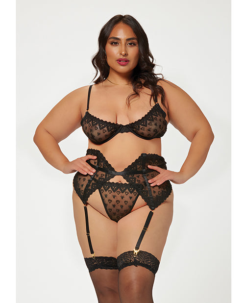 Valentines Heart Embroidered Mesh Bra, Waspie & Panty Black (Plus Size) - Spicy and Sexy