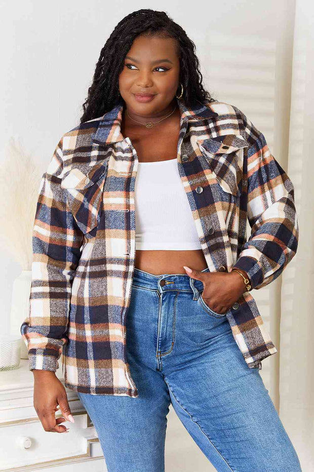 Double Take Plaid Button Front Shirt Jacket with Breast Pockets - Spicy and Sexy