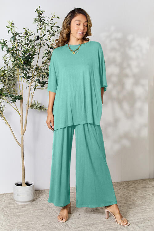 Double Take Full Size Round Neck Slit Top and Pants Set - Spicy and Sexy