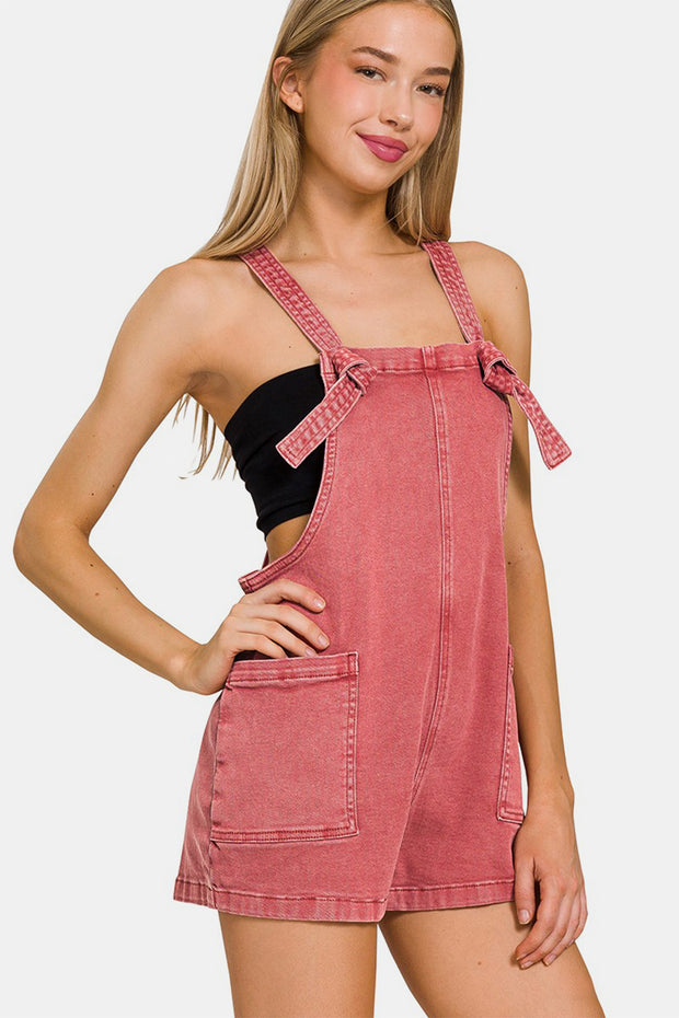 Zenana Washed Knot Strap Rompers - Spicy and Sexy