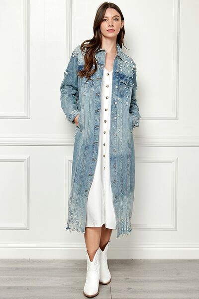 Veveret Full Size Distressed Raw Hem Pearl Detail Button Up Jacket - Spicy and Sexy