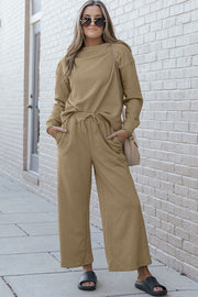 Double Take Full Size Textured Long Sleeve Top and Drawstring Pants Set - Spicy and Sexy
