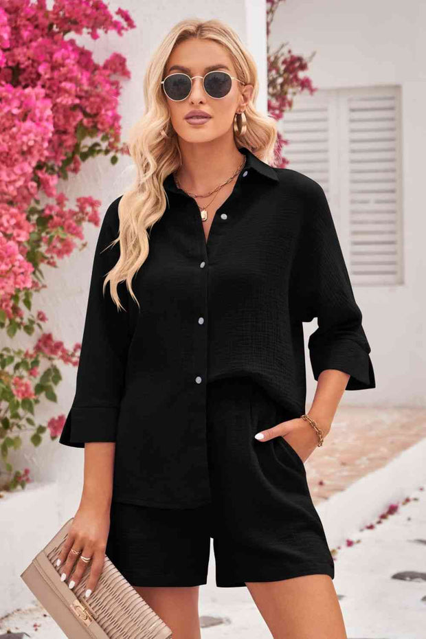 Double Take Textured Shirt and Elastic Waist Shorts Set - Spicy and Sexy