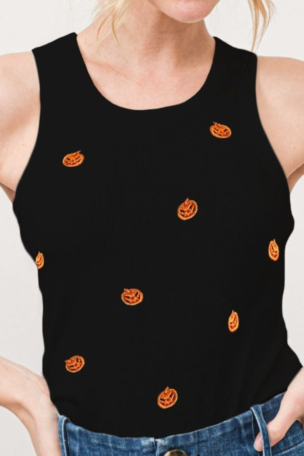 And The Why Jack O' Lantern Embroidered Ribbed Tank