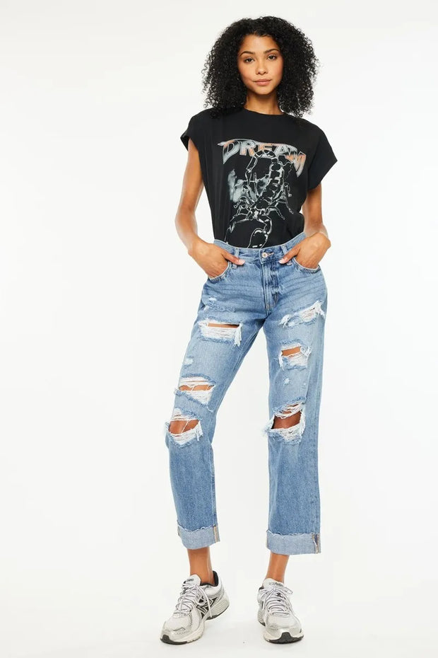 Kancan Mid Rise Distressed Boyfriend Fit Jeans