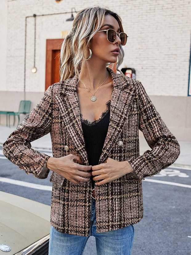 Full Size Plaid Lapel Collar Blazer