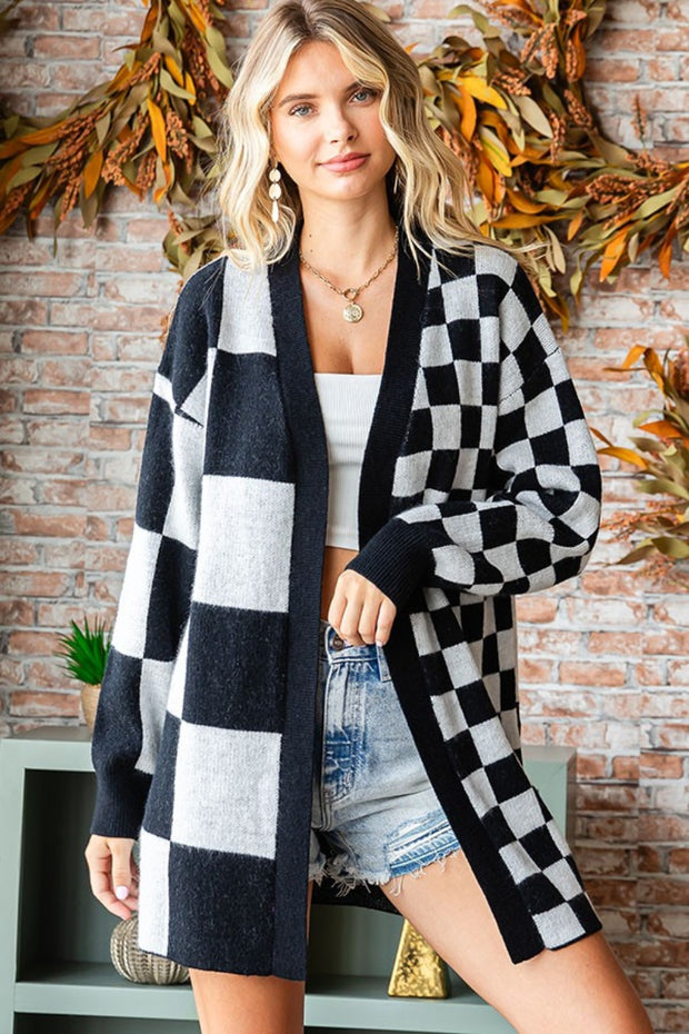 First Love Checkered Open Front Long Sleeve Cardigan