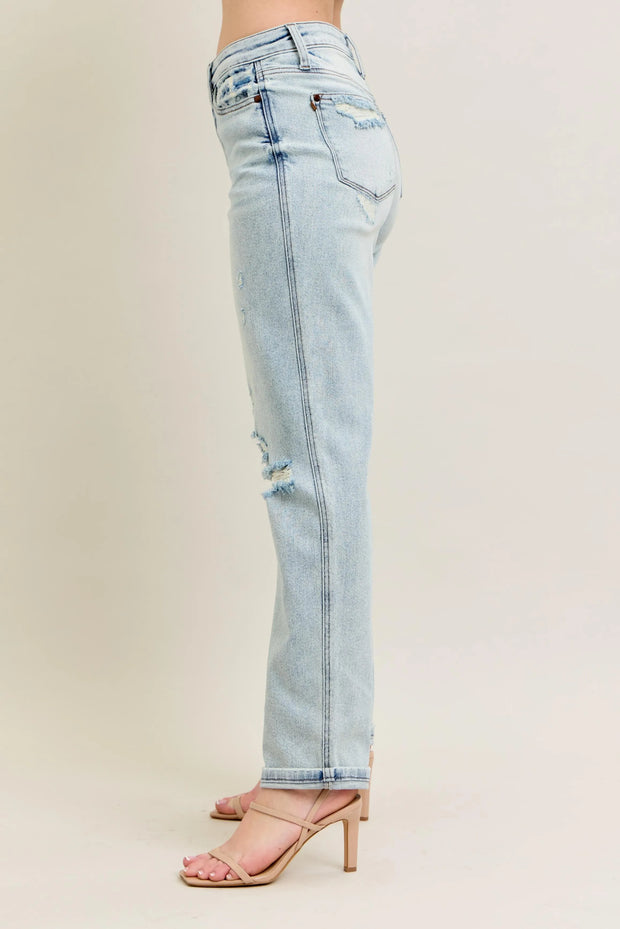Judy Blue Full Size Mr Repair Stitch Detail Destroy Single Cuff Bf Jeans Plus Size