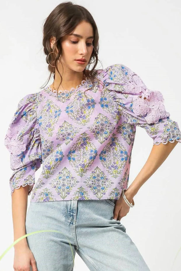 Umgee Printed Lace Puff Sleeve Blouse