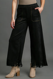 Umgee Full Size Suede Fringe Hem Wide Leg Pants Plus Size