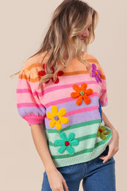 BiBi Flower Patch Puff Sleeve Striped Sweater