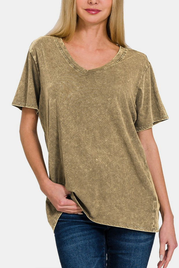 Zenana Washed Short Sleeve V-Neck T-Shirt - Spicy and Sexy