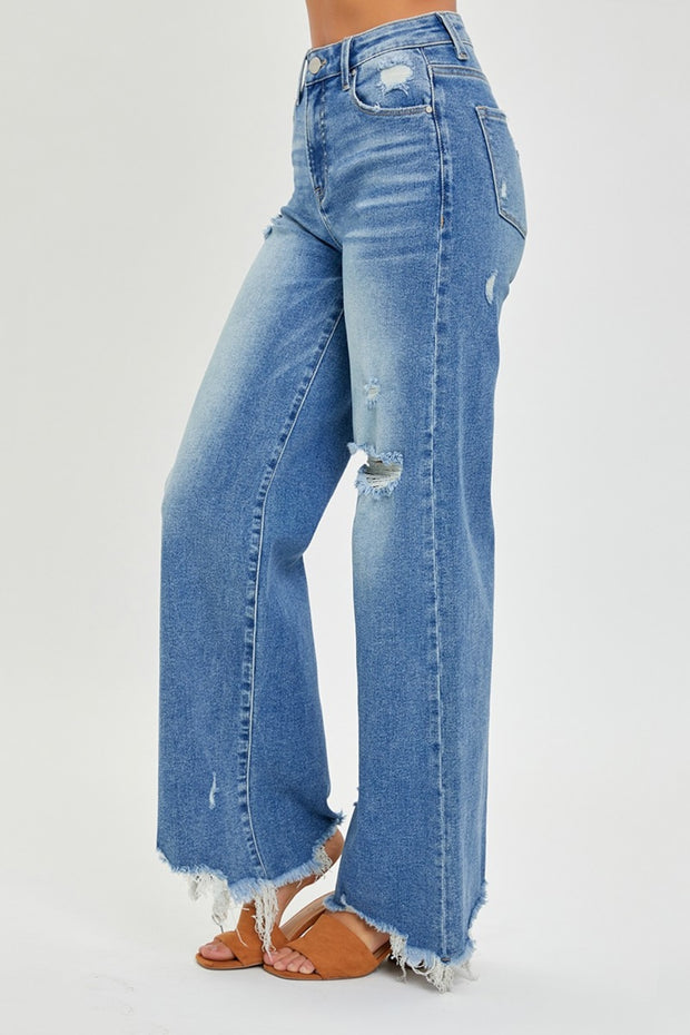 Risen Full Size High Rise Frayed Hem Wide Leg Jeans