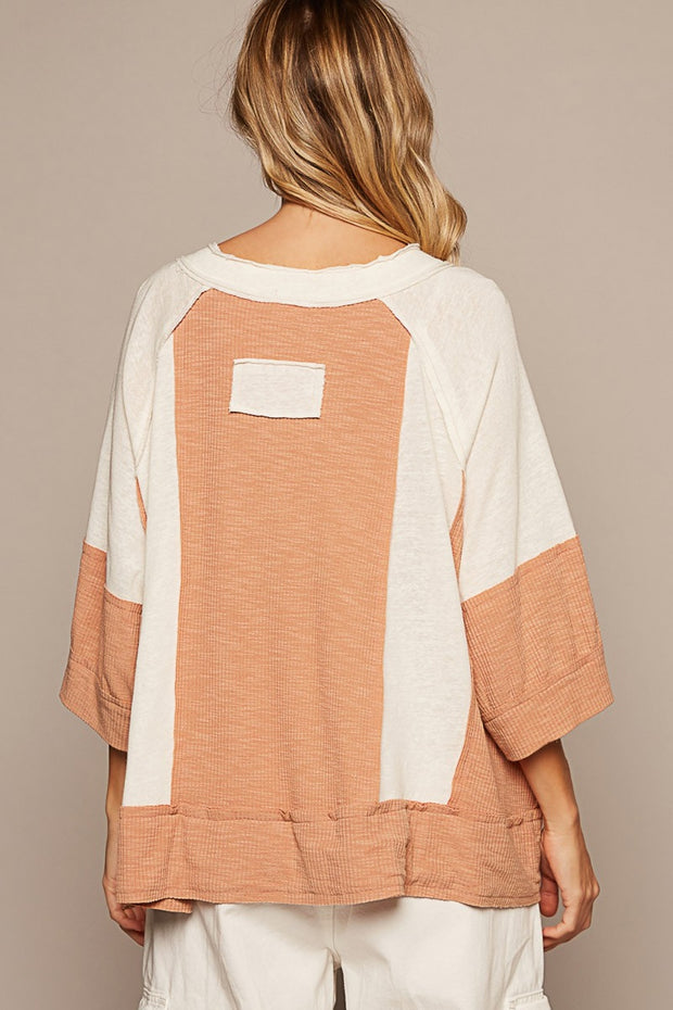 POL Notched Frayed Edge Contrast Top