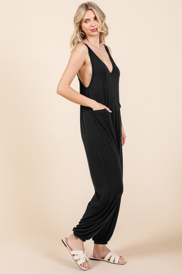 Culture Code Full Size Plunge Sleeveless Jumpsuit with Pockets