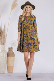 Celeste Full Size Paisley Print Round Neck Dress with Pockets