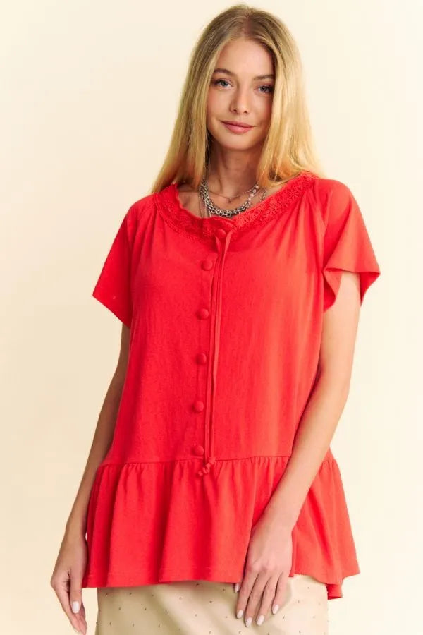Davi & Dani Solid Lace Trim Neck Short Sleeve Peplum Top