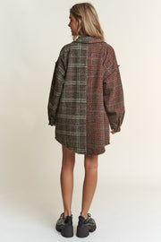 J.NNA Snap Down Tweed Plaid Contrast Longline Shacket