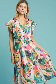 Umgee Full Size Leaf Print Cap Sleeve Tiered Midi Dress Plus Size