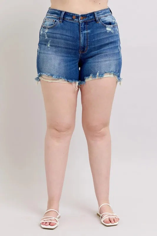 Judy Blue Plus Size 2 Button Dad Shorts with Destroy