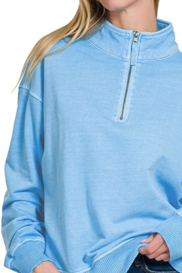 Zenana F/terry Pigment Dye & Enzyme Washing Half Zip Top