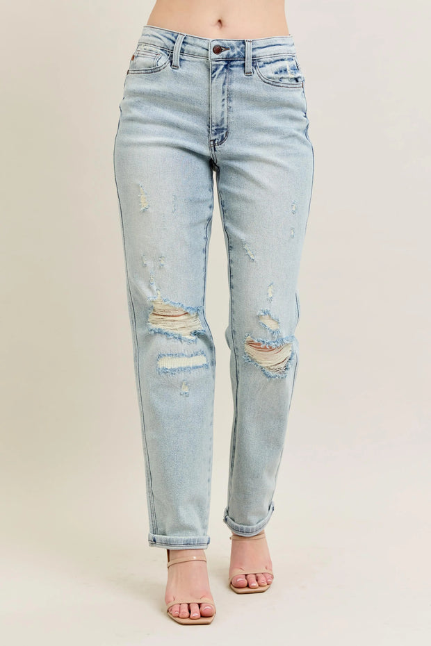 Judy Blue Full Size Mr Repair Stitch Detail Destroy Single Cuff Bf Jeans Plus Size