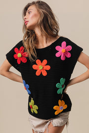 BiBi Flower Round Neck Cap Sleeve Knit Top