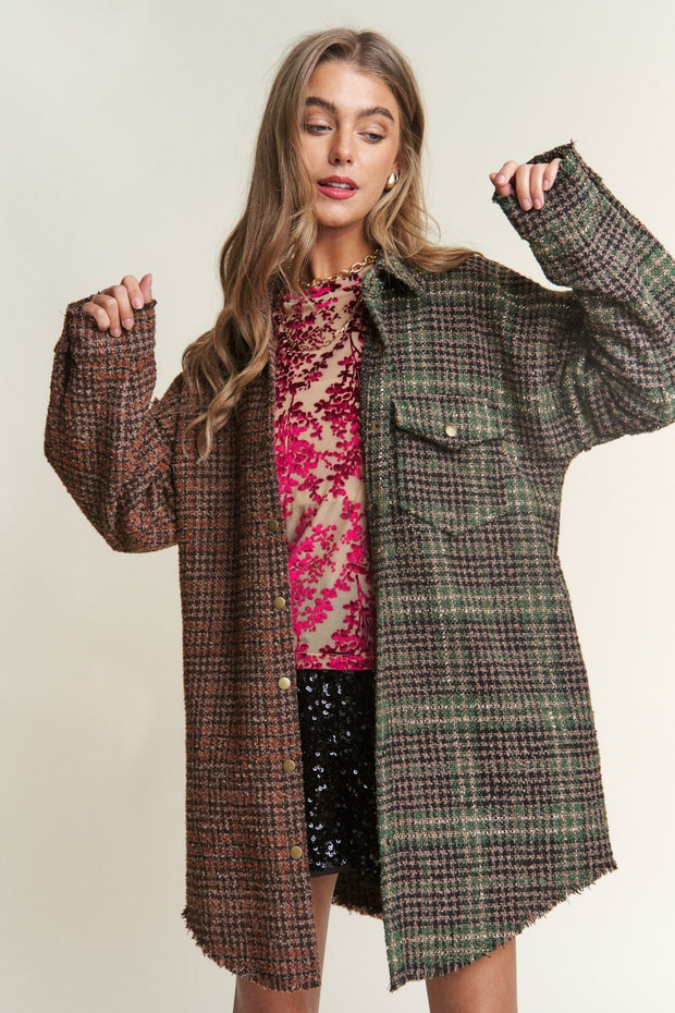 J.NNA Snap Down Tweed Plaid Contrast Longline Shacket