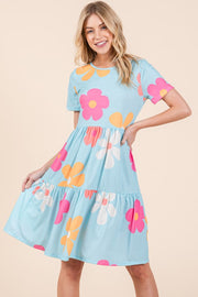 BOMBOM Floral Round Neck Short Sleeve Tiered Dress