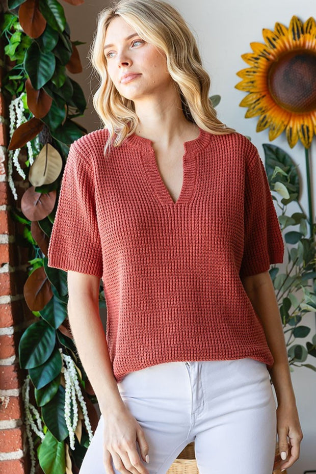 First Love Notched Short Sleeve Knit Top