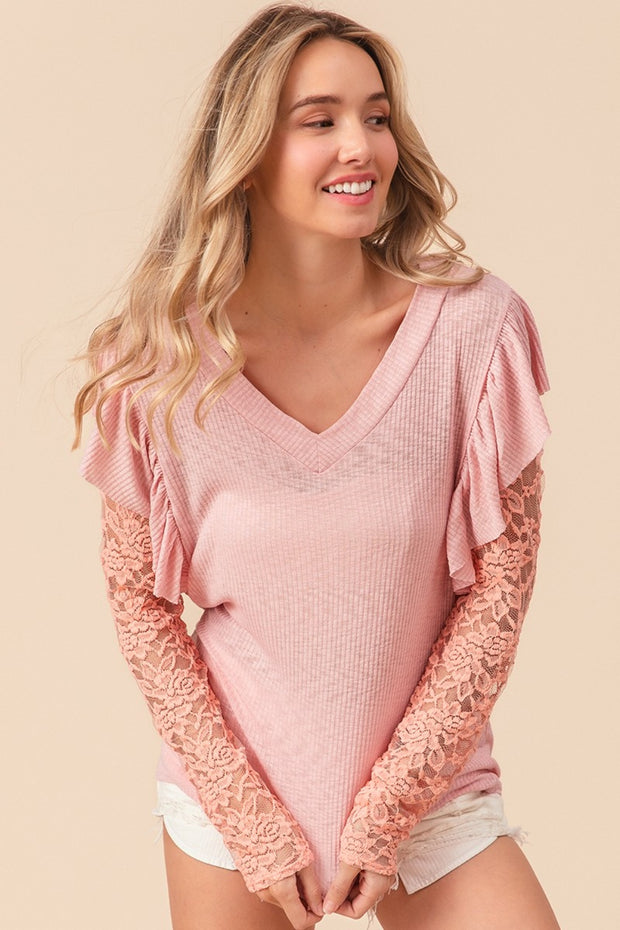 BiBi Ruffled Lace Sleeve Rib Knit Top - Spicy and Sexy