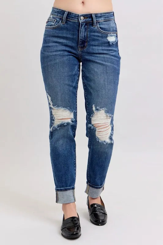 Judy Blue Full Size Midi Rise Boyfriend destroy Jeans with Yoke Pockets and Faux Selvedge Cuff Plus Size