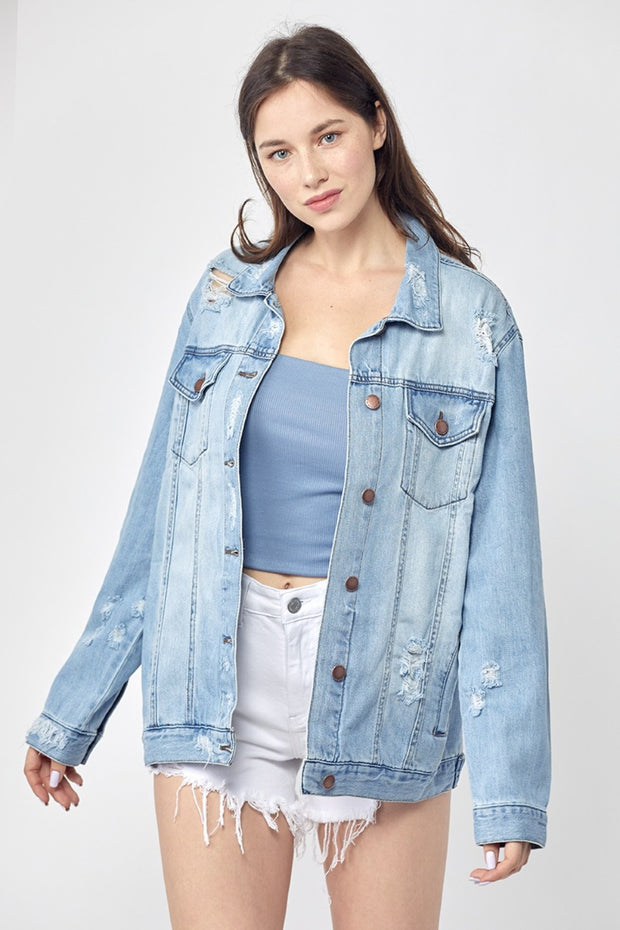 RISEN Full Size Distressed Long Sleeve Denim Jacket - Spicy and Sexy