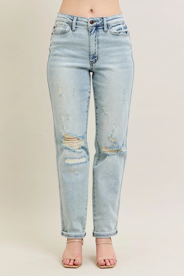 Judy Blue Full Size Mr Repair Stitch Detail Destroy Single Cuff Bf Jeans Plus Size