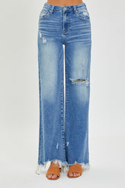 Risen Full Size High Rise Frayed Hem Wide Leg Jeans