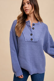 Annie Wear Half Button Ribbed Hem Sweater