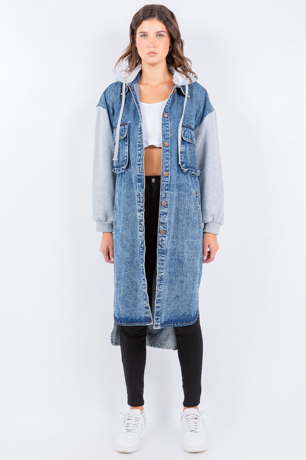 American Bazi Contrast Longline Hooded Denim Jacket - Spicy and Sexy