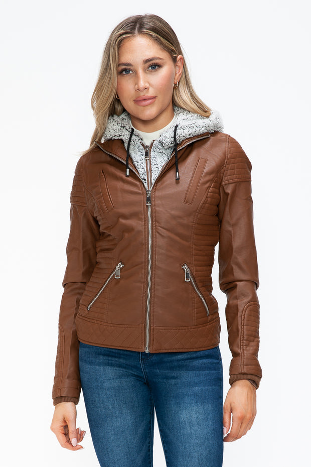 YMI Faux Layered Double-Zipper Jacket with Fuzzy Hood
